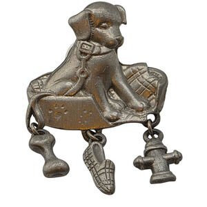 Vintage Pewter Dog Brooch Charm Dangle Signed LCD Puppy Pin